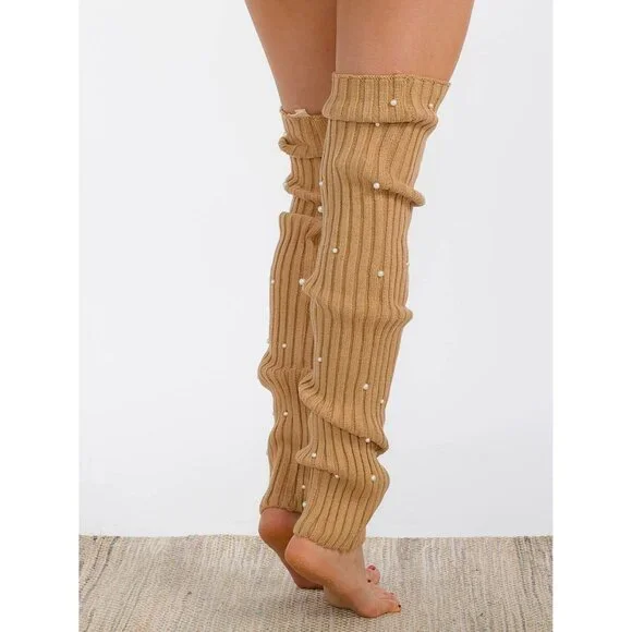 Women's Pearl Detailed Ribbed Knit Leg Warmers Color Beige One size - Picture 3 of 3